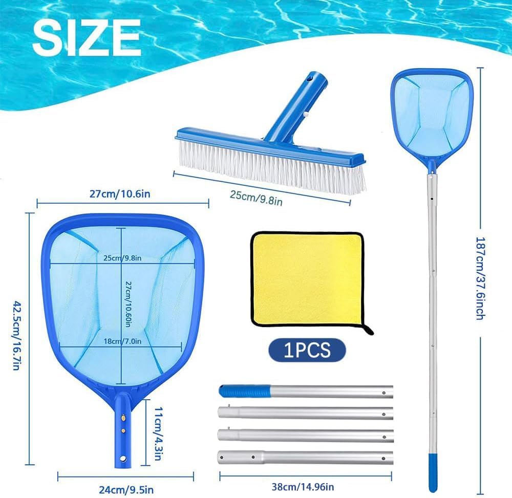 Premium Pool Skimmer Set: 187cm Long Fine Mesh Net, 14cm Deep Leaf Rake, Pool Cleaning Brush, and Cleaning Cloth for Swimming Pools and Ponds