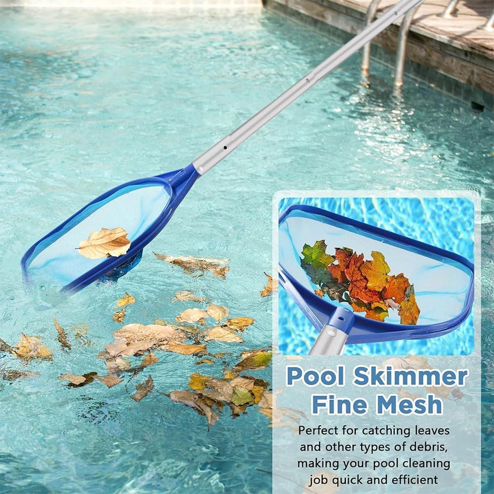 Premium Pool Skimmer Set: 187cm Long Fine Mesh Net, 14cm Deep Leaf Rake, Pool Cleaning Brush, and Cleaning Cloth for Swimming Pools and Ponds