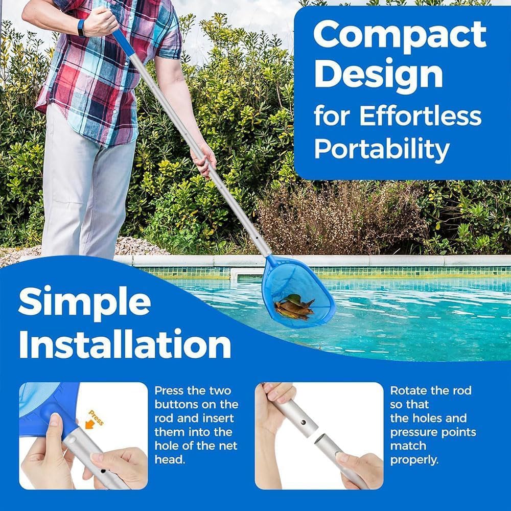 Premium Pool Skimmer Set: 187cm Long Fine Mesh Net, 14cm Deep Leaf Rake, Pool Cleaning Brush, and Cleaning Cloth for Swimming Pools and Ponds